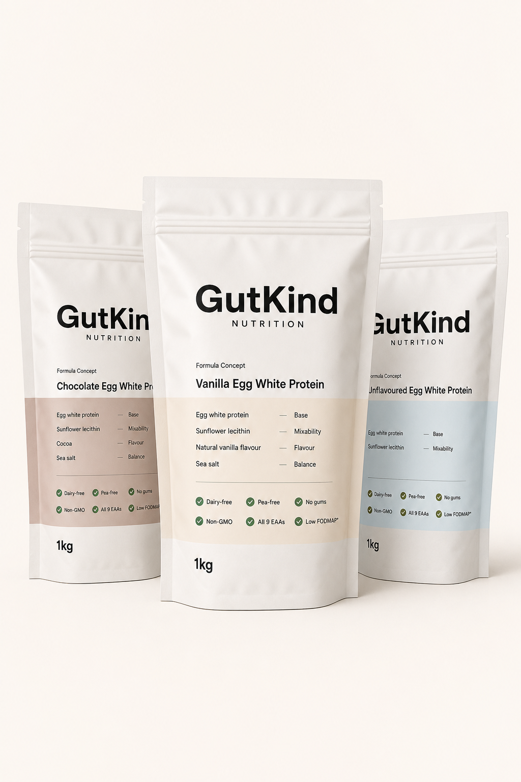 GutKind Nutrition concept pouches for chocolate, vanilla, and unflavoured protein